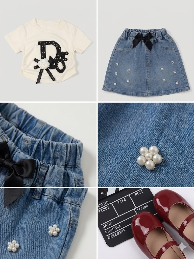 Elegant Cream Top and Pearl-Detailed Denim Skirt Set for Girls — view 2 | Kids Wear Online India